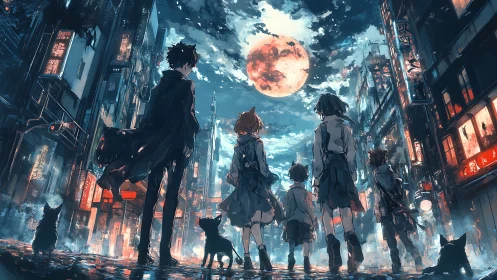 Moonlit strays crossing neon alleys of a restless city.