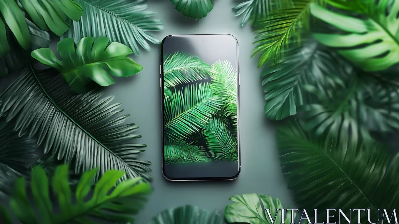 Lush green leaves gently frame a sleek modern smartphone