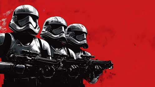 Armored sci fi soldiers aligned under stark red backdrop.