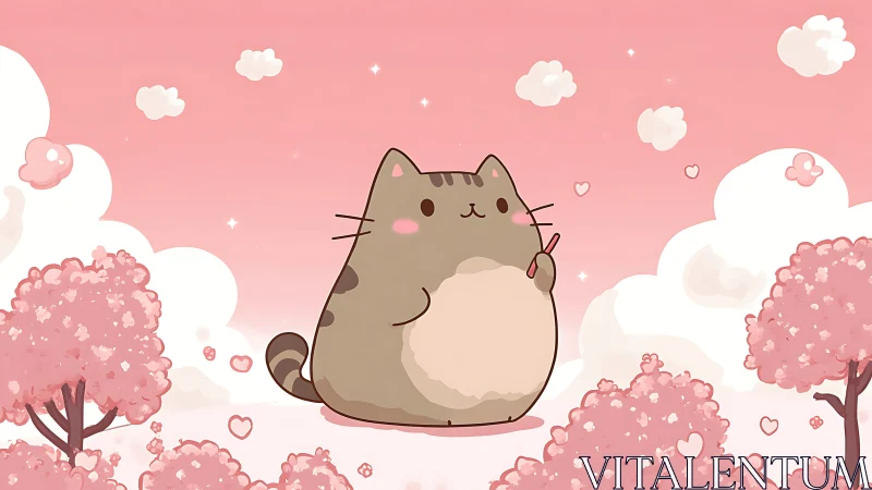 Adorable Cat Character Surrounded by Pink Blossoms and Clouds