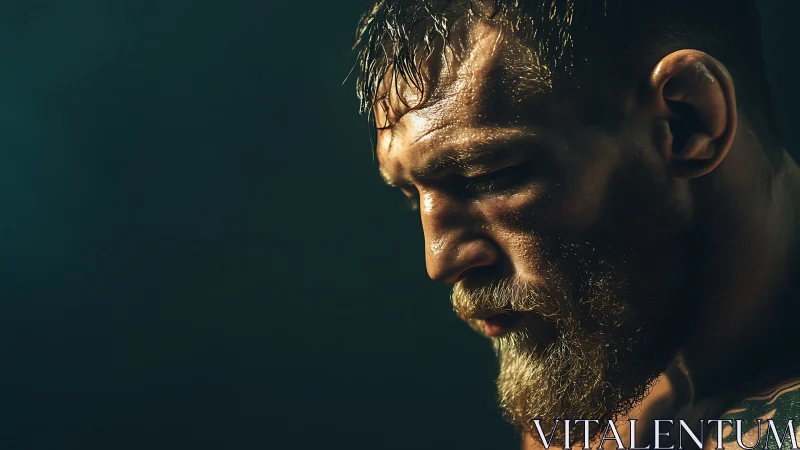Determined fighter portrait under dramatic low-key light.
