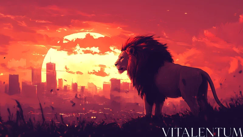 Lion overlooks glowing city skyline at red sunset.