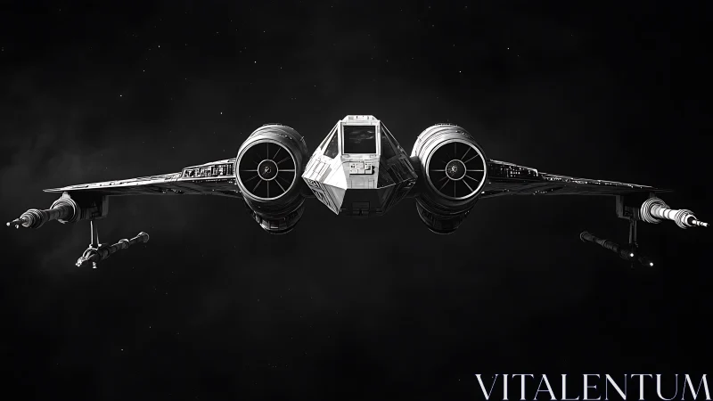 Starfighter gliding through deep space&rsquo;s quiet black canvas.