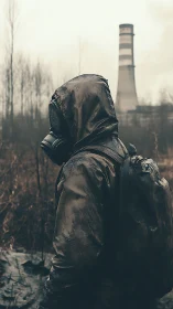 Lone explorer in gas mask studies a distant industrial tower