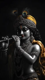 Divine flute player in jeweled attire under dramatic lighting