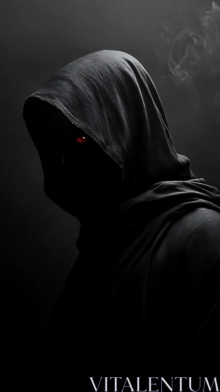 Mysterious hooded shadow with a faintly glowing red gaze.