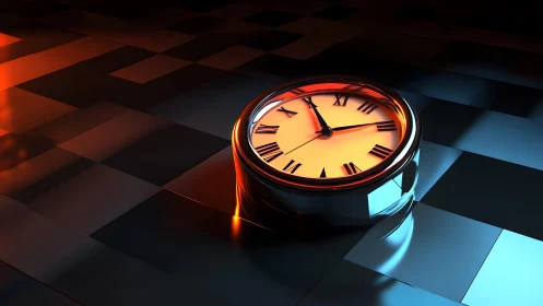 Vintage clock on glossy checkered floor, dramatic lighting, digital art.