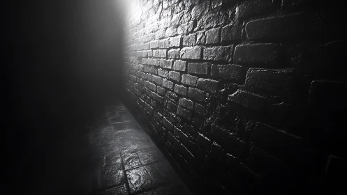 Whispering brick corridor fading into luminous uncertainty.