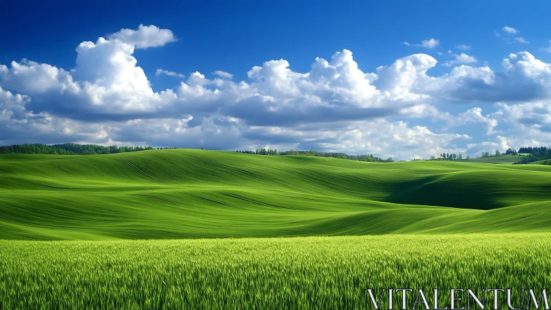Rolling green farmland under clouds and clear blue sky.