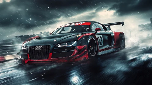 Racing supercar slices through rain-soaked track at speed.