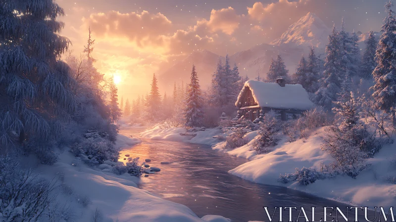 Snowlit riverside cabin dreaming under embered winter skies.