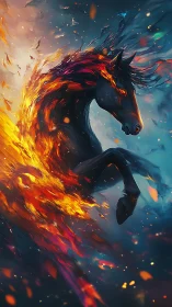 Ember-maned phantom stallion erupts from swirling starlit fire.