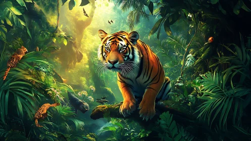 Majestic jungle tiger poised on mossy branch in sunlight.