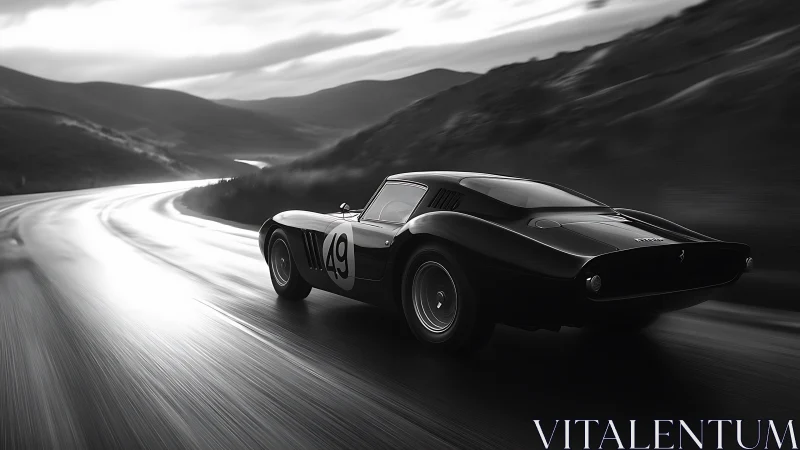 Vintage race car chasing light along a quiet mountain road.