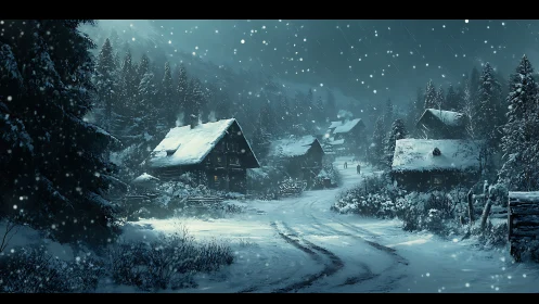 Quiet snow-covered village road under falling night snow.