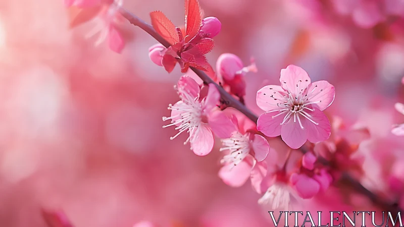 Pink Cherry Blossoms Branch with Dewdrops
