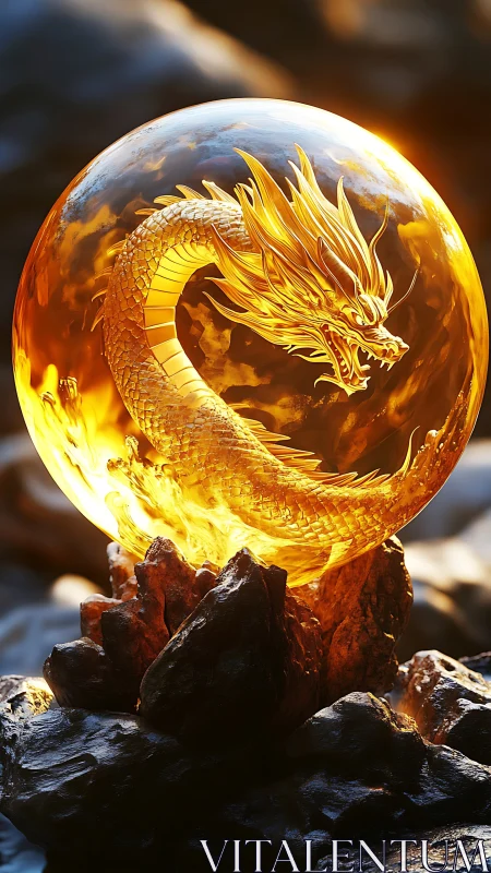 Golden dragon encircled in radiant crystal energy sphere.