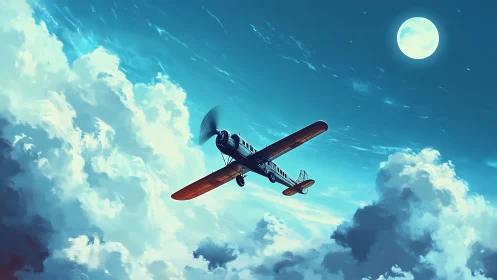 Vintage aircraft crosses moonlit clouds in teal sky.