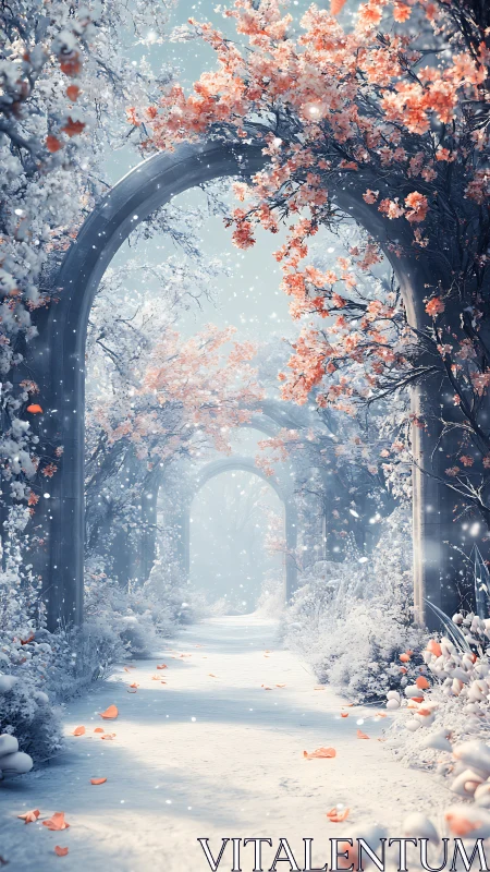 Snow-covered garden arches with pale blossoms and path.