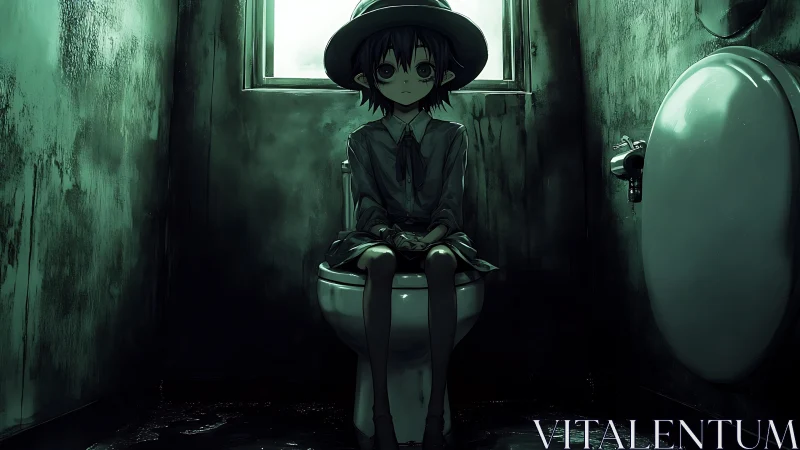 Solitary child in haunted restroom glow of emerald dread.