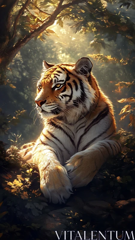 Radiant tiger in volumetric forest light, high-detail rendering.