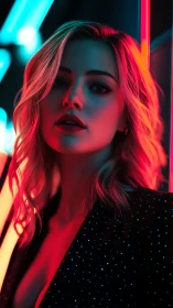 Neon-lit portrait with bokeh highlights and cinematic depth.