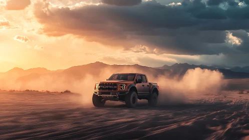 Sunset desert truck kicking up dust in wide open freedom.