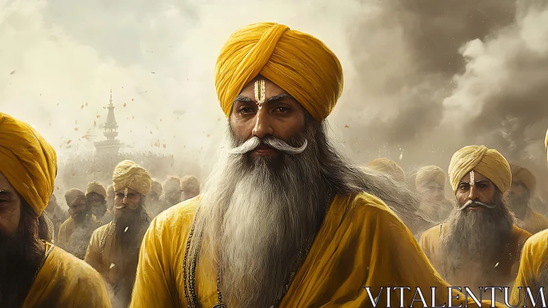 Sikh elder in saffron turban leading solemn ceremonial march.