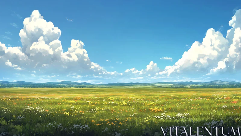 Sunlit wildflower meadow under drifting summer clouds.