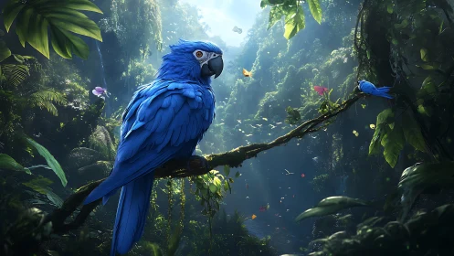 Vivid blue macaw rests in a misty enchanted rainforest