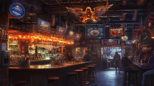 Neon-lit cyber bar interior renders cinematic nightlife ambience