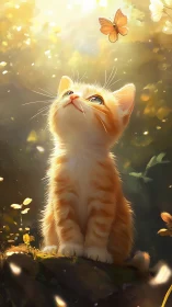 Curious orange kitten gazes up at a gentle golden butterfly