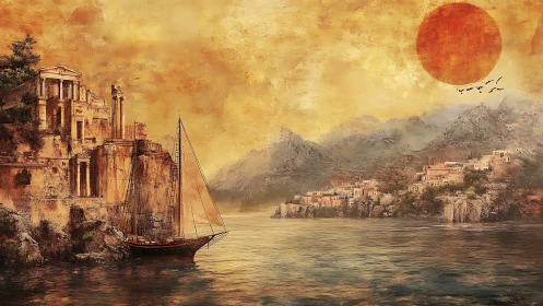 Ancient coastal citadels under a vast burnt umber sun