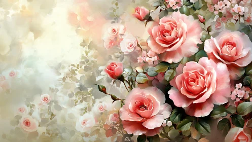 Romantic floral composition renders volumetric roses with soft diffusion and atmospheric perspective