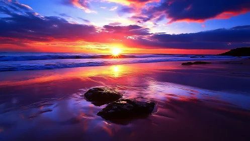 Vibrant ocean sunset reflects molten color across shore.