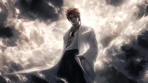 Stoic anime swordsman framed by swirling storm clouds.