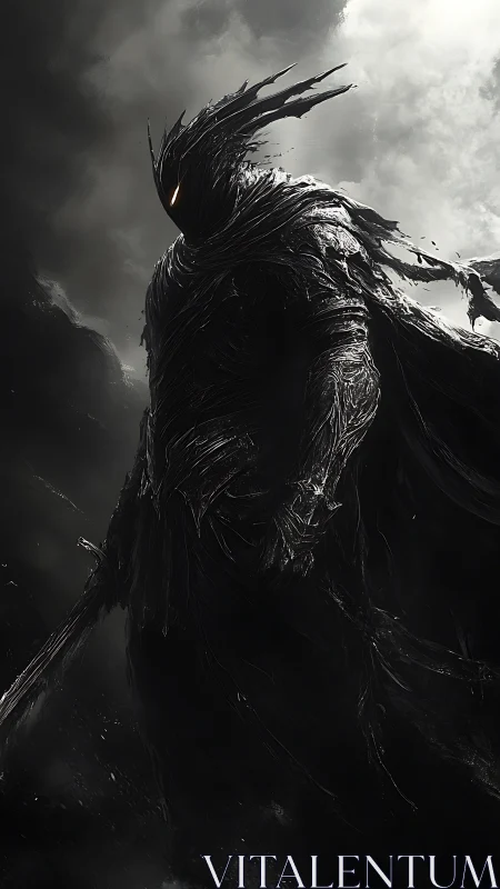 Digital painting of shadowed armored wraith with dynamic cloak.