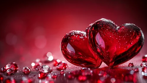 Heart-shaped glass objects with crystalline particles on reflective surface