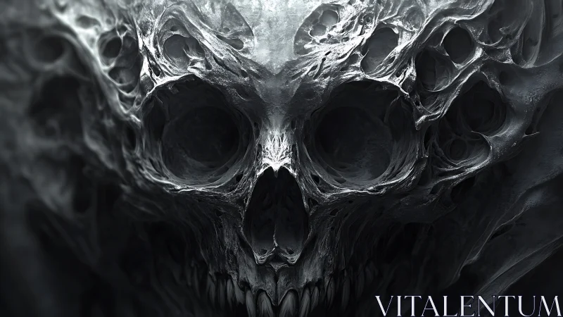 Monochrome digital skull formed from swirling carved voids.