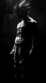 Shadowed anime warrior statue under dramatic rim light.