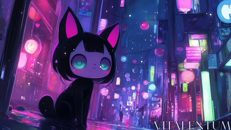 Cute neon cat girl in glowing cyberpunk city street.