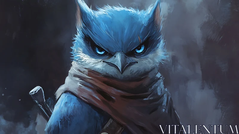 Warrior owl portrait in cinematic blue tonal digital painting.