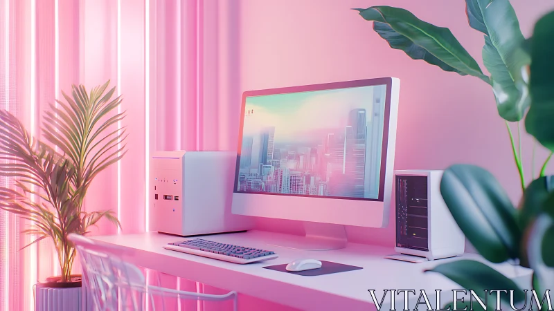 Neon daydream office glows softly between pastel city lights