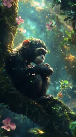 Young chimpanzee resting on mossy forest branch at dawn.