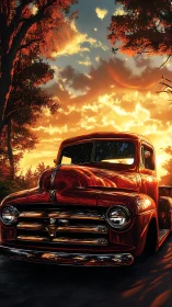 Digital painting of classic red pickup under blazing sunset sky.