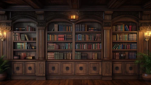 Velvet-lit mahogany library wall cradling timeless stories.