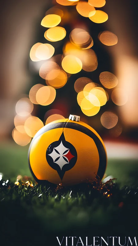 Yellow holiday sports ornament on grass with lights.