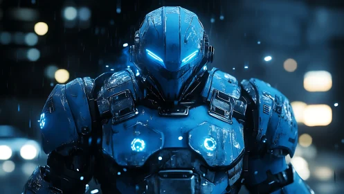 Armored blue cyber soldier stands in rainlit urban night
