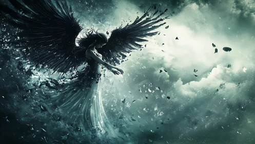 Dark winged angel in swirling shattered storm clouds.