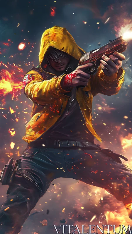 Hooded gunfighter in blazing urban inferno standoff.